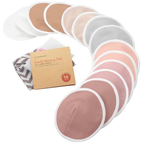 Organic Nursing Pads, 14 Washable Breast Pads,Wash Bag (Lovelle, L 4.6") | Viscose Derived from Bamboo, Breast Pads for Breastfeeding, Reusable Nipple Covers, Breastfeeding Essentials, Soft, Absorbent