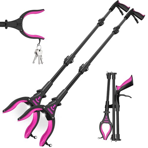 2 Pack 32'' Long Grabber Tool, Grabbers for Elderly Grab It Reaching Tool with Light, Grabber Reacher Tool Heavy Duty with Rotating Jaw & Magnets(Black Rose)