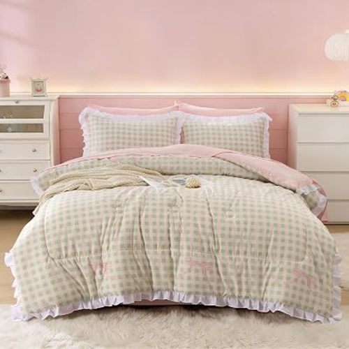 Btargot Full Pink Green Plaid Comforter Set for Girls Kids, 5 Pieces Bow Ruffle Bedding Set, Bed in a Bag with Comforter, Sheets and Pillowcases