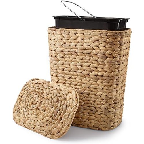 3 GALLONS Wicker Waste/ Laundry Basket - with Lid - Water Hyacinth  - Removable Liner, Iron Frame (Natural, 3 Gallons)