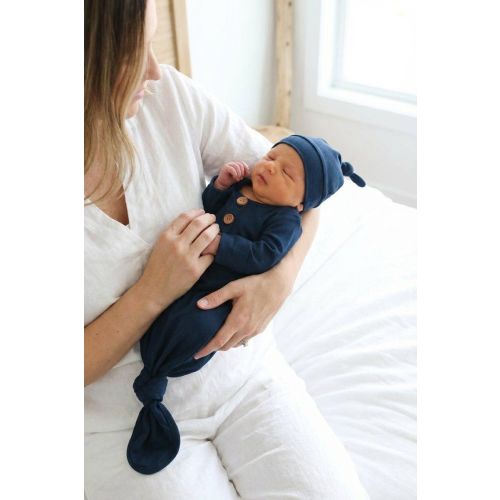 Solid Dark Navy Bamboo Baby Knot Gown & Hat