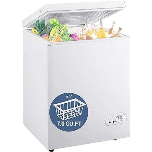 7.0 Cu Ft Chest Freezer - Energy Efficient & Quiet Mini Freezer with Adjustable Thermostat - Compact Deep Freezer for Home, Apartment, and Garage - Removable Basket & Defrost Drain