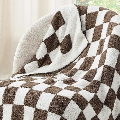 Bedsure Brown Plaid Throw Blanket for Couch - Super Soft, Cozy & Warm Knit Checkered Blanket Fall Decor, Gentlesoft, Breathable, Fluffy for Women, 50x60 Inches