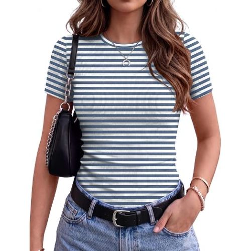 Zeagoo Women's Ribbed Short Sleeve Tops Crewneck Stretch Basic Tshirt S-2XL