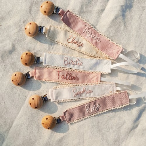 Personalized Pacifier Clip Holder, Personalized Fabric Pacifier Clip With Wooden Clip,hand Embroiered Name,baby Shower Gift - Etsy