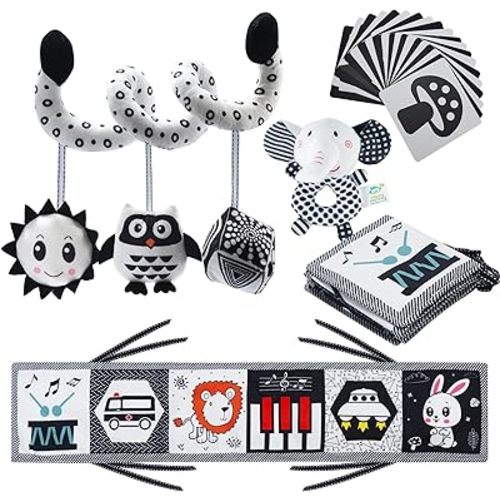 4 in 1 Black and White High Contrast Baby Toys for 0-3 Months Newborn, Sensory Infants Toys 0-6 Months Montessori Toys Early Learning Brain Development Tummy Time Toys