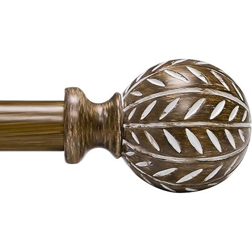 Boho Wooden Curtain Rods for Windows 66 to 120 Inches(5.5-10ft), Adjustable Heavy Duty 1" Diameter Drapery Rod with Imitation Wood-Grain Leaf-Pattern Finials - for Living Room & Bedroom，36-120''
