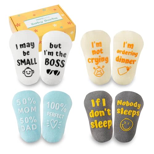 InnoBeta Baby Socks Set with Funny Quotes (4 Pairs) Newborn/Infant Socks for Baby Shower, Gender Reveal 3-12 Months