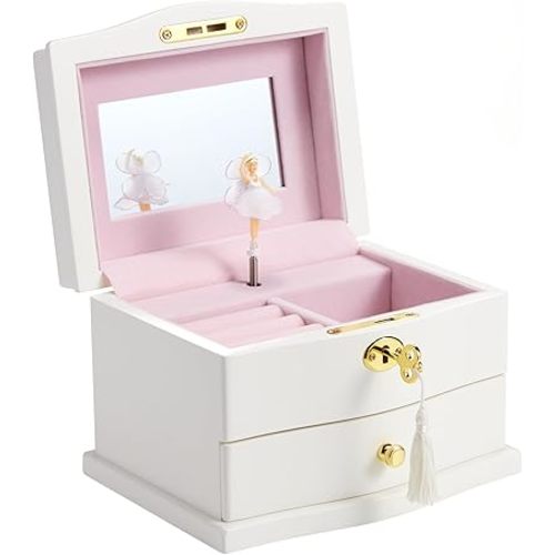 Ballerina Musical Jewelry Box with Mirror for girls，Kid's Jewelry Storage Music Chest (White-L)