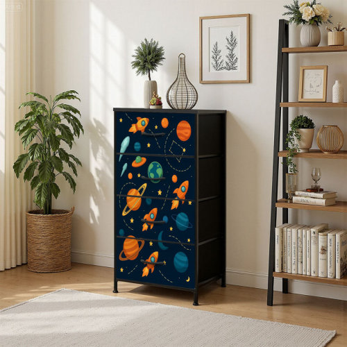 Ebern Designs 4 Drawer Vertical Storage Dresser Space theme Solar system kids cartoon planet Rocket UFO with Wood Top Fabric Pull Drawers | Wayfair