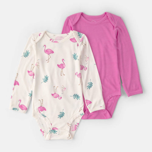 Baby Girl 2-Pack Flamingo PurelySoft Long-Sleeve Multipack Bodysuits - Pink/Ivory | Carter’s Oshkosh Canada