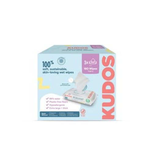 Kudos Skin-Loving Baby Wipes - 99% Water, Plastic-Free & Unscented - 180ct/3pk