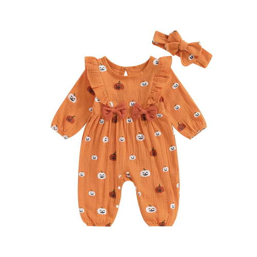 Newborn Baby Girl 2Pcs Fall Outfits Ruffle Long Sleeve Pumpkin Print Jumpsuit with Headband Set Infant Halloween Clothes