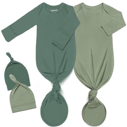 2Pack Knotted Gown Baby, Super Soft Long Sleeve Newborn Hospital Outfit Boy Girl Coming Home, Built-In Mittens Clothes