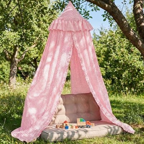 SmoothNovelty Gingham Plaid Bed Canopy with Ruffles Soft Vintage Style Decorative Tent for Reading Nook Play Area or Adult Bedroom Circus Tent Canopy(Pink)