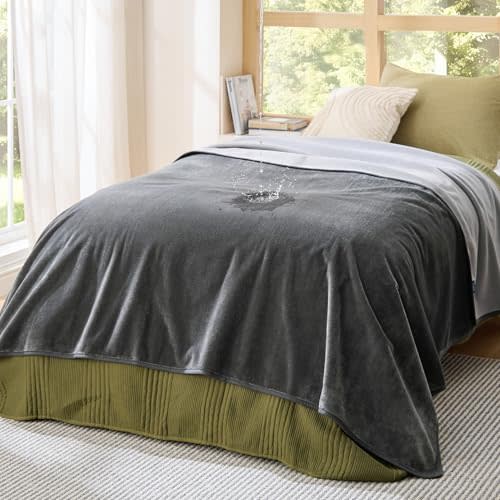 Bedsure Waterproof Blanket for Bed Soft Flannel Fleece, Twin 60"x80" Grey | Dog Blankets for Large Senior Dogs，Couch Cover Throw for Pet Leakproof, Furniture Protector for Travel Camping