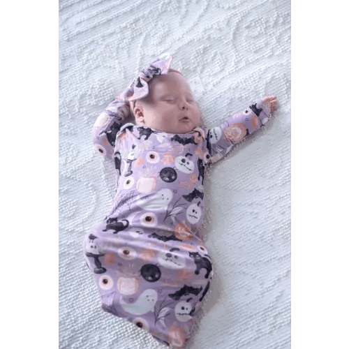 Spooky Purple Newborn Knotted Gown | Baby Halloween Pajama