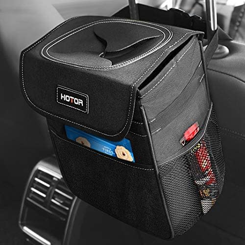 HOTOR Car Trash Can with Lid and Storage Pockets, 100% Leak-Proof Car Organizer, Waterproof Car Garbage Can, Multipurpose Trash Bin for Car - Black
