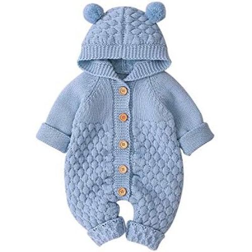 Newborn Baby Girls Boys Hooded Sweater Romper Knit Bear Ear Long Sleeve Solid Color Button Jumpsuits Winter Clothes