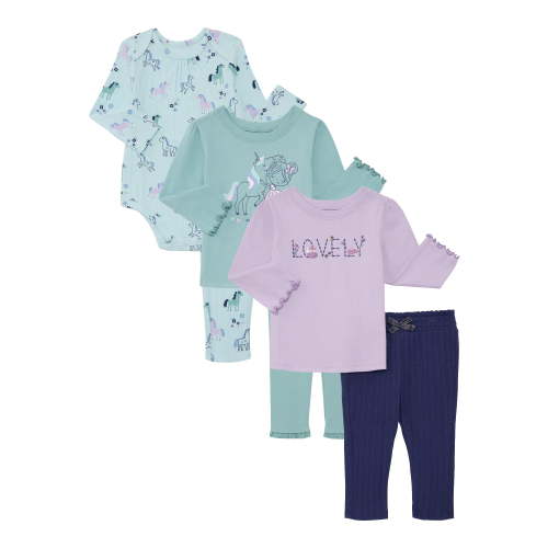 Garanimals Baby Girls Bodysuit, Graphic Tees, and Leggings Set, 6-Pieces, Sizes 0M-24M