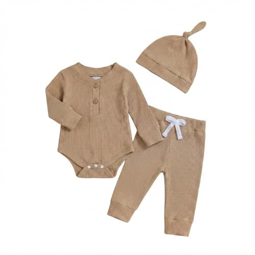 Newborn Baby Boy Clothes Long Sleeve Ribbed Bodysuit Pants Hat 3-Piece Outfit Set