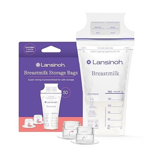 Lansinoh Breastmilk Storage Bags, 50 Count, Baby Essentials, Fast Freeze & Thaw Breast Milk Bags for Baby Bottle Feeding, Strength & Stretch, 4 Ounce
