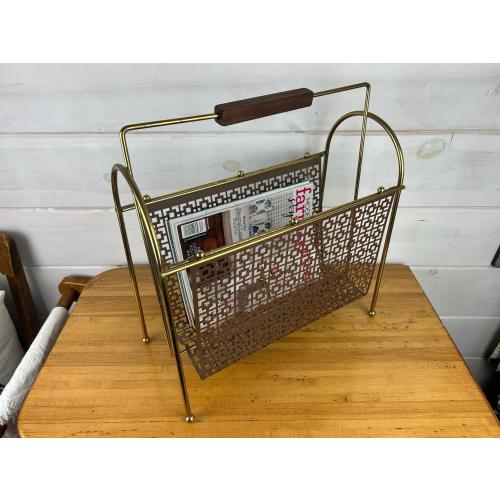 Vintage Magazine Rack Brass Geometric Pierced Metal & Teak Handle Midcentury Modern Style