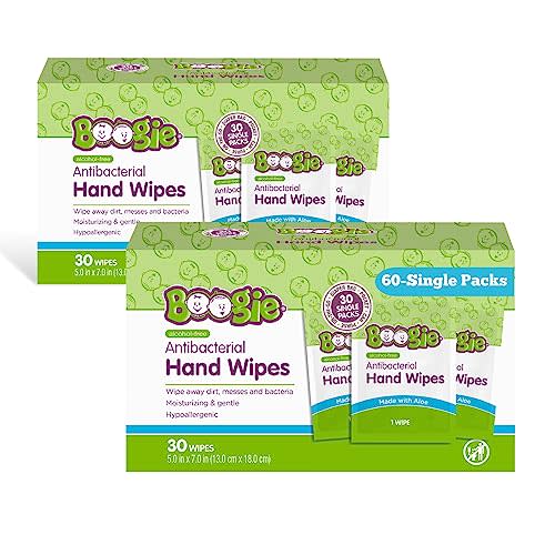 Boogie Antibacterial Hand Wipes, Alcohol Free, Hypoallergenic and Moisturizing Aloe, For Kids and Adults - 30 Wipes (Pack of 2)