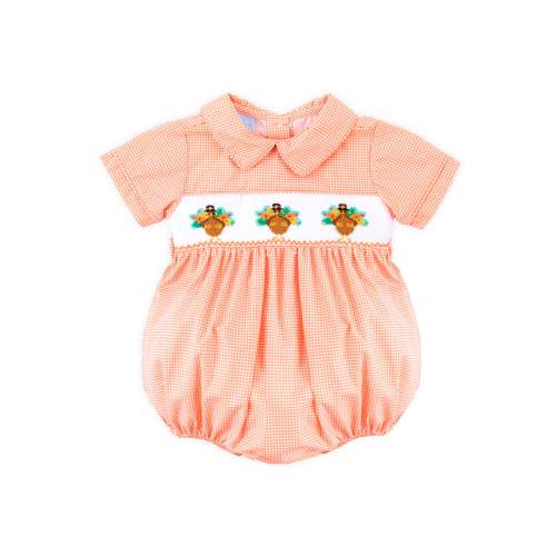 Gobble Up Smocked Orange Micro Gingham Collared Bubble