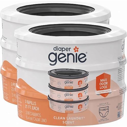 Diaper Genie Bags Refills 270 Count (Pack of 6) Clean Laundry Scent | Diaper Pail Refills with Max Odor Lock | Holds up to 810 Newborn Diapers