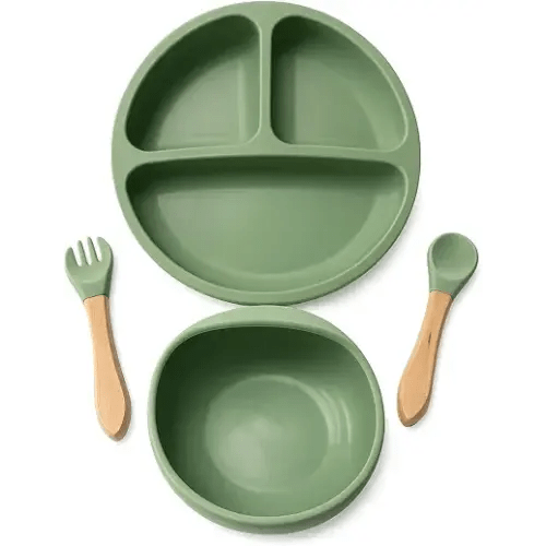 NurtureNest Silicone Toddler Feeding Set – Suction Plate & Bowl, Toddler Spoon & Fork, BPA-Free, Dishwasher Safe, Microwave Safe, Sage Green