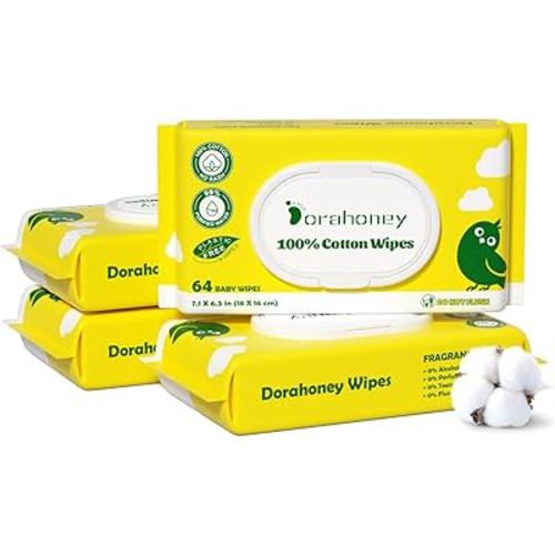 Dorahoney 100% USA Cotton Baby Wipes, 99% Purified Water Unscented Wet Wipes for Sensitive Skin, Hypoallergenic & Plastic-Free, 256 Count (4 Flip-Top Packs of 64)