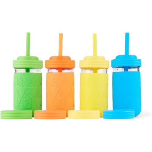 Elk and Friends Kids + Toddler Glass Cups | The Original 12oz Glass Mason Jar with Sleeves + Lids | Silicone Straws + Stopper | Smoothie Cup | Food Storage | Spill Resistant | Dishwasher Safe | 4 Pack