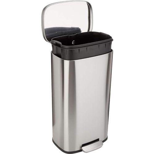 Amazon Basics Smudge Resistant Rectangular Trash Can With Soft-Close Foot Pedal, Brushed Stainless Steel, 30 litre/7.9 Gallon, Satin Nickel Finish, 13.8"L x 11.8"W x 25"H
