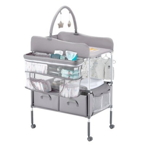 Foldable Baby Changing Table, Portable Diaper Station with Adjustable Height, 2 Fabric Drawers, Side Basket & Lockable Wheels, Light Gray