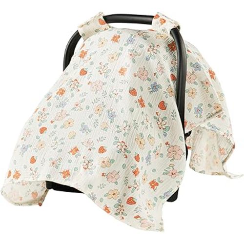 100% Muslin Cotton Car Seat Cover for Baby, Soft Breathable Car Seat Canopy, Universal Infant Carseat Cover Sun Protector, Lightweight Summer Stroller Cover for Boys Girls - Strawberry