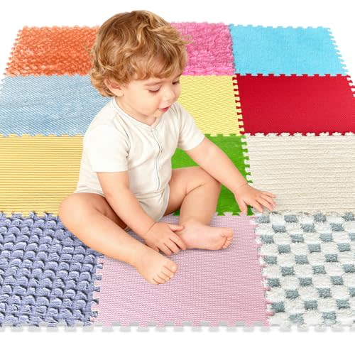 MOTGOM 12 Set Sensory Tiles - Floor Textured Sensory Mats, Interlocking Sensory Rug Sensory Toys for Autistic Children Kids Baby Toddler, Tactile Play and Fidgeting Activity for Autism Sensory Room