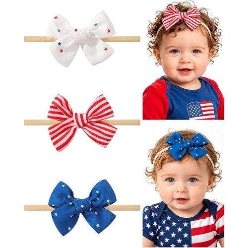 doboi 3PCS 4th of July Baby Girls Headbands Hair Bows Star Nylon Cotton Linen Hairbands Fine Handmade Hair Accessories for Newborn Infant Toddlers Little Girls