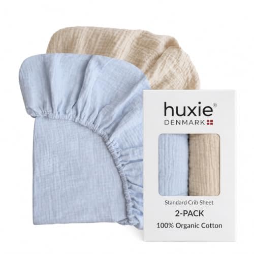 Crib Sheets, 100% Organic Cotton Muslin, 28"x52" Standard 2-Pack | GOTS-certified deep-pocket 360° elastic fit, fits full-size & toddler mattresses, gender-neutral (Baby Blue/Fog)