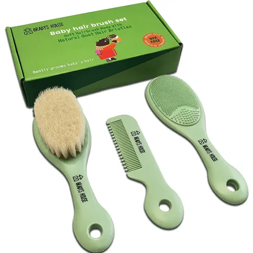 BRADYS HOUSE - 3 Piece Baby Hair Brush & Comb Set for Newborns- Soft Goat Bristle Hair-Brush, Silicone Bath Brush and Plastic Comb for Infant, Toddler, Kids - Baby