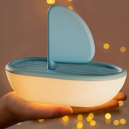 Cute Music Sailing Boat Night Light, Soft Silicone Sleep Lamp, USB Rechargeable Bedside Light for Room Decor, Easter St. Patrick's Day Birthday Gift for Girls Boys Moms (Blue Sailboat)