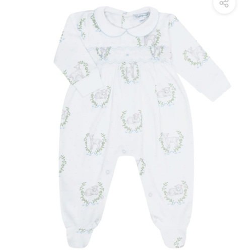 Blue Lamb Print Smocked Footie