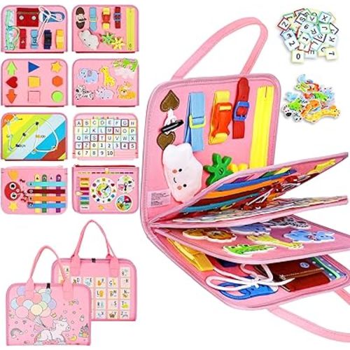 Esjay Montessori Planche d'activités sensorielles pour tout-petits, jouets pour filles, livre d'activités sensorielles pour apprentissage de la motricité fine, cadeaux d'anniversaire pour filles et tout-petits, jouets pour voyage, avion, voiture (rose, mu