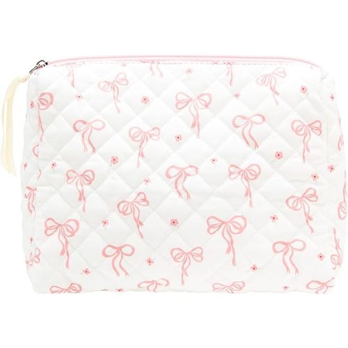 Quilted Makeup Bag Large Travel Zipper Soft Cosmetic Pouch for Women Girls Make Up,Bow Pink