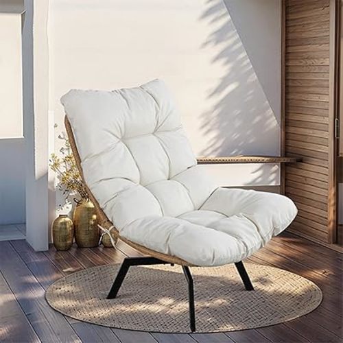 JAMFLY Rattan Swivel Chair, 360° Wicker Swivel Chairs with Thickened Cushions & Side Storage, Bohemian Farmhouse Style for Kitchen, Dining Room, Café, Patio, Beige