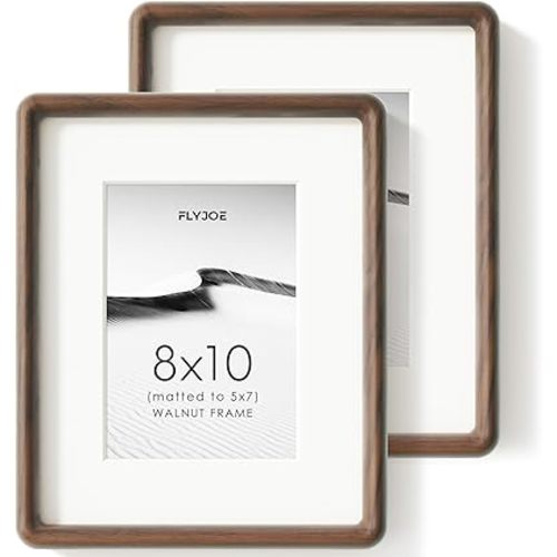 FLYJOE 8x10 Picture Frame Set of 2, Natural Solid Walnut Wood Photo Frame with Tempered Glass, Handcrafted Rounded Corner 8 x 10 Wooden Frame Matted to 5x7 Photo, Wall or Tabletop Display