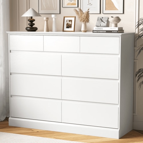 9 Drawer Dresser, White Chest of Deep Drawers, Modern Dressers with Storage, Large Drawer Organizer for Bedroom, Living Room, Handless Design, White