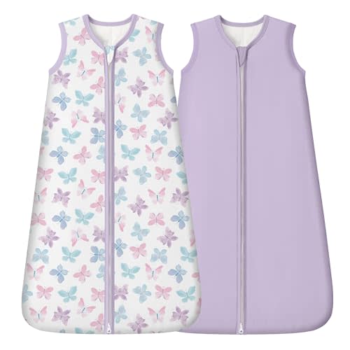 Rayon Made from Bamboo Baby Sleep Sack 6-12 Months, 1.0 Tog Baby Wearable Blanket, Soft Sleeping Bag for Newborn Infant Babies with 2-Way Zipper 2 Pack (Medium) Purple Butterfly