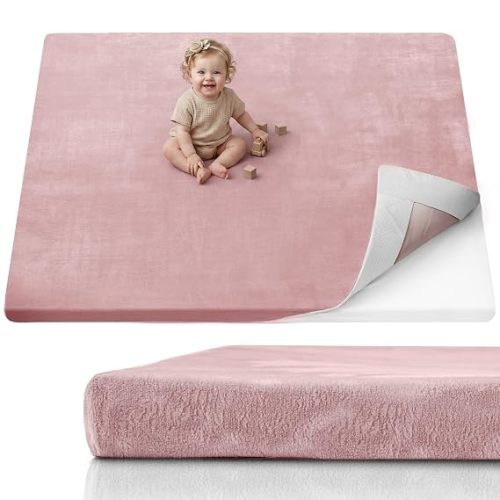 Blissful Diary 1.3" Thick Baby Play Mat, 71x59 Playpen Mat with Removable & Washable Cover, Ultra Soft Crawling Rug for Floor, Foam Cushion & Non-Slip Backing for Kid, Toddlers and Infants, Dusty Pink