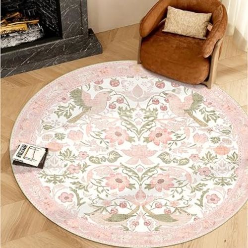 Boho Light Pink Round Area Rug 4ft for Bedroom Bedside Washable